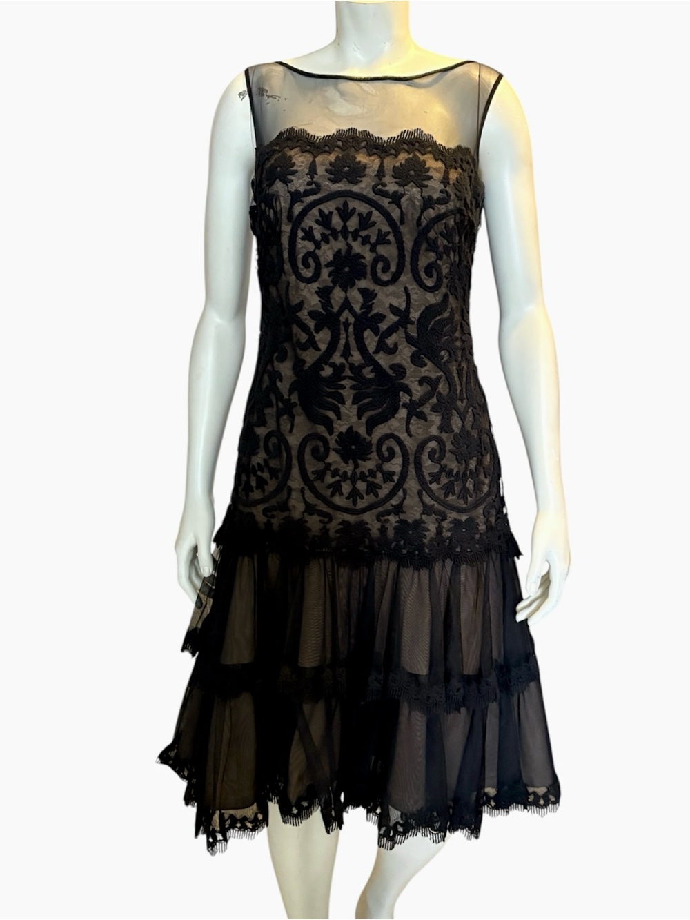 Tadashi Shoji Black Floral Lace Cocktail Dress Size 4 – Elegant Sheer Layered Sk